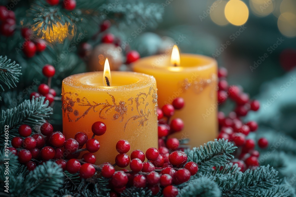 Christmas red berries and candles with green tree branches on a fuzzy background Christmas red berries and candles with green tree branches on a fuzzy background