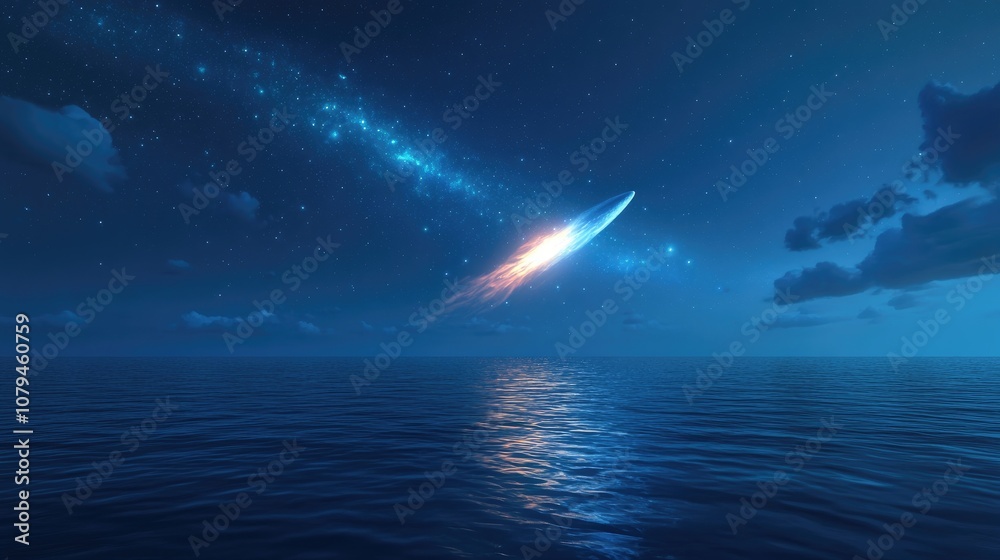 Comet illuminating the sky above a serene lake with a low horizon capturing its celestial beauty Comet illuminating the sky above a serene lake with a low horizon capturing its celestial beauty