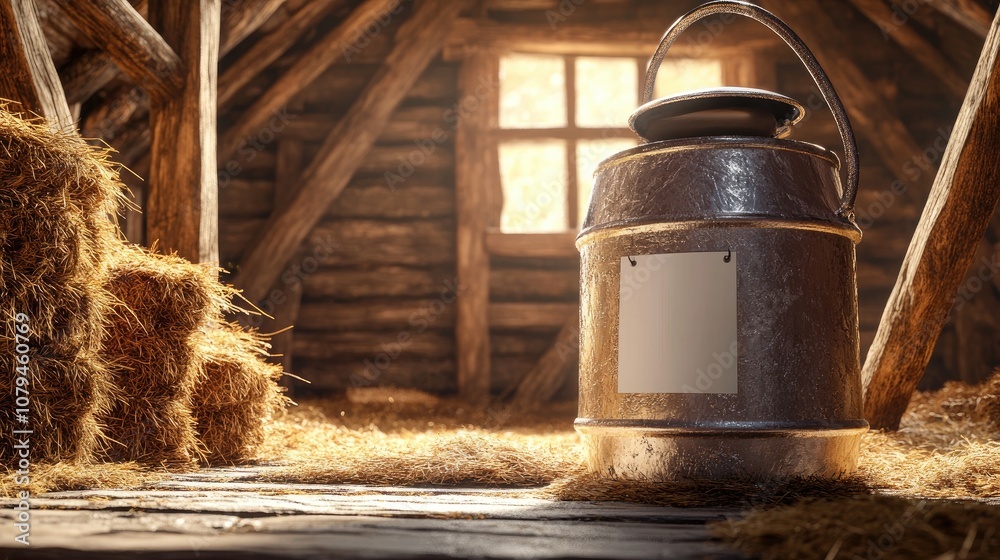 A silver milk churn with a blank label rests on a hay stack in a rustic barn loft encircled by wooden beams and straw A silver milk churn with a blank label rests on a hay stack in a rustic barn loft encircled by wooden beams and straw