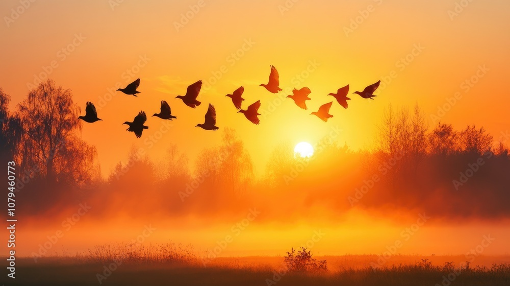 A flock of birds flying in formation against a sunrise over a misty field. A flock of birds flying in formation against a sunrise over a misty field.