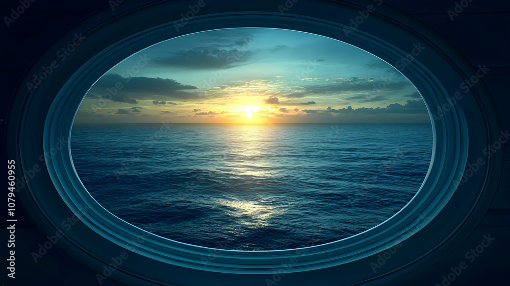 Ocean Sunset Viewed Through a Round Porthole: A Serene, 3D Rendered Seascape Illustration Ocean Sunset Viewed Through a Round Porthole: A Serene, 3D Rendered Seascape Illustration
