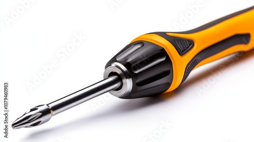 Ergonomic orange-black screwdriver floating on a white background, precision tool with textured handle for comfort and stability