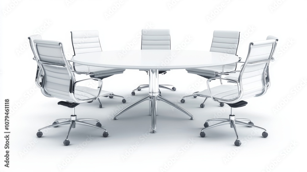 Modern, white round table with three designer chairs, evenly spaced, floating in a crisp, clean white void, giving a serene and simple vibe Modern, white round table with three designer chairs, evenly spaced, floating in a crisp, clean white void, giving a serene and simple vibe