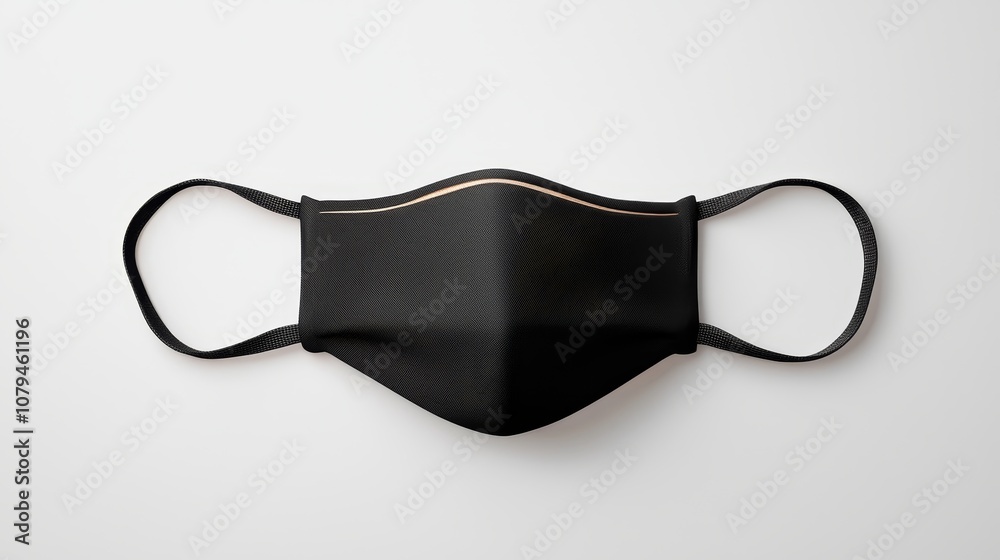 Minimalist black cotton mask displayed on a clean, white background, sharp contrasts and soft textures, perfect for medical or fashion-related visuals