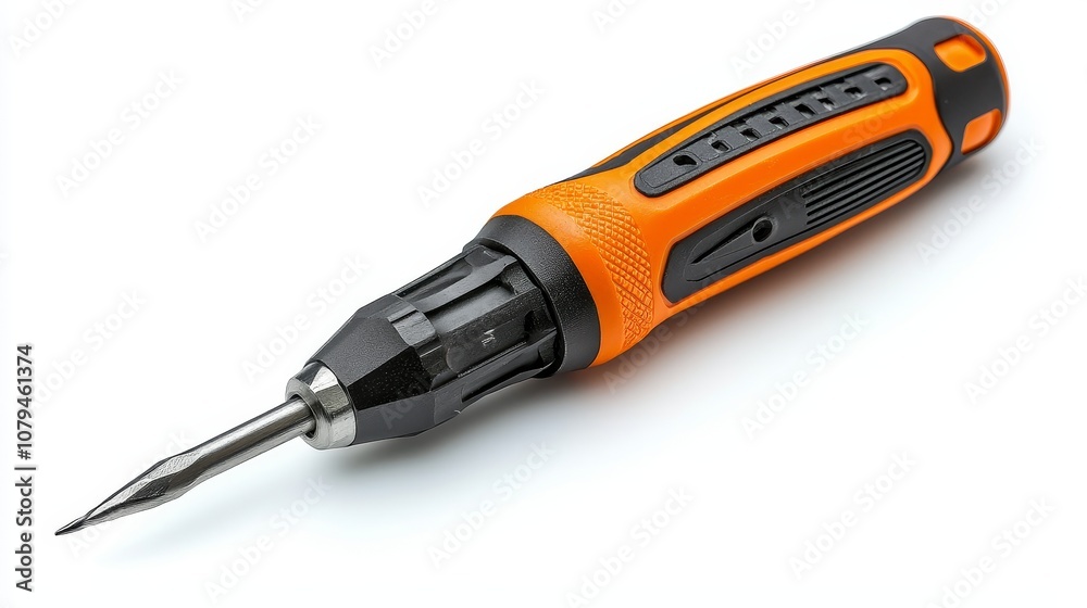 Ergonomic orange and black screwdriver with precision tip, detailed handle design, isolated on white, tool advertising, emphasizing comfort and control Ergonomic orange and black screwdriver with precision tip, detailed handle design, isolated on white, tool advertising, emphasizing comfort and control