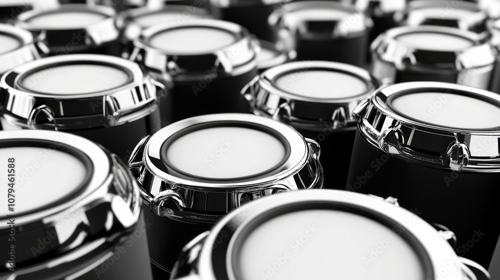 Several black cans with shiny silver lids arranged closely together, displaying a modern and sleek design in a studio setting Several black cans with shiny silver lids arranged closely together, displaying a modern and sleek design in a studio setting