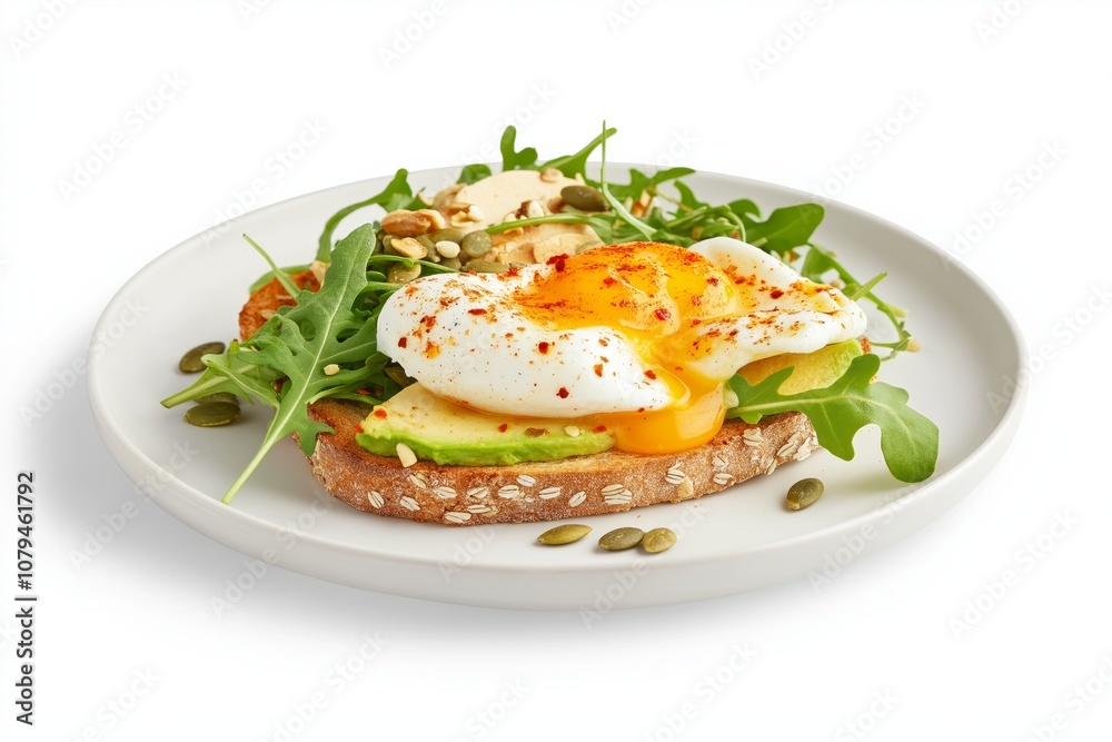 Avocado toast with poached egg, arugula, and seeds on seeded bread. Healthy breakfast concept Avocado toast with poached egg, arugula, and seeds on seeded bread. Healthy breakfast concept
