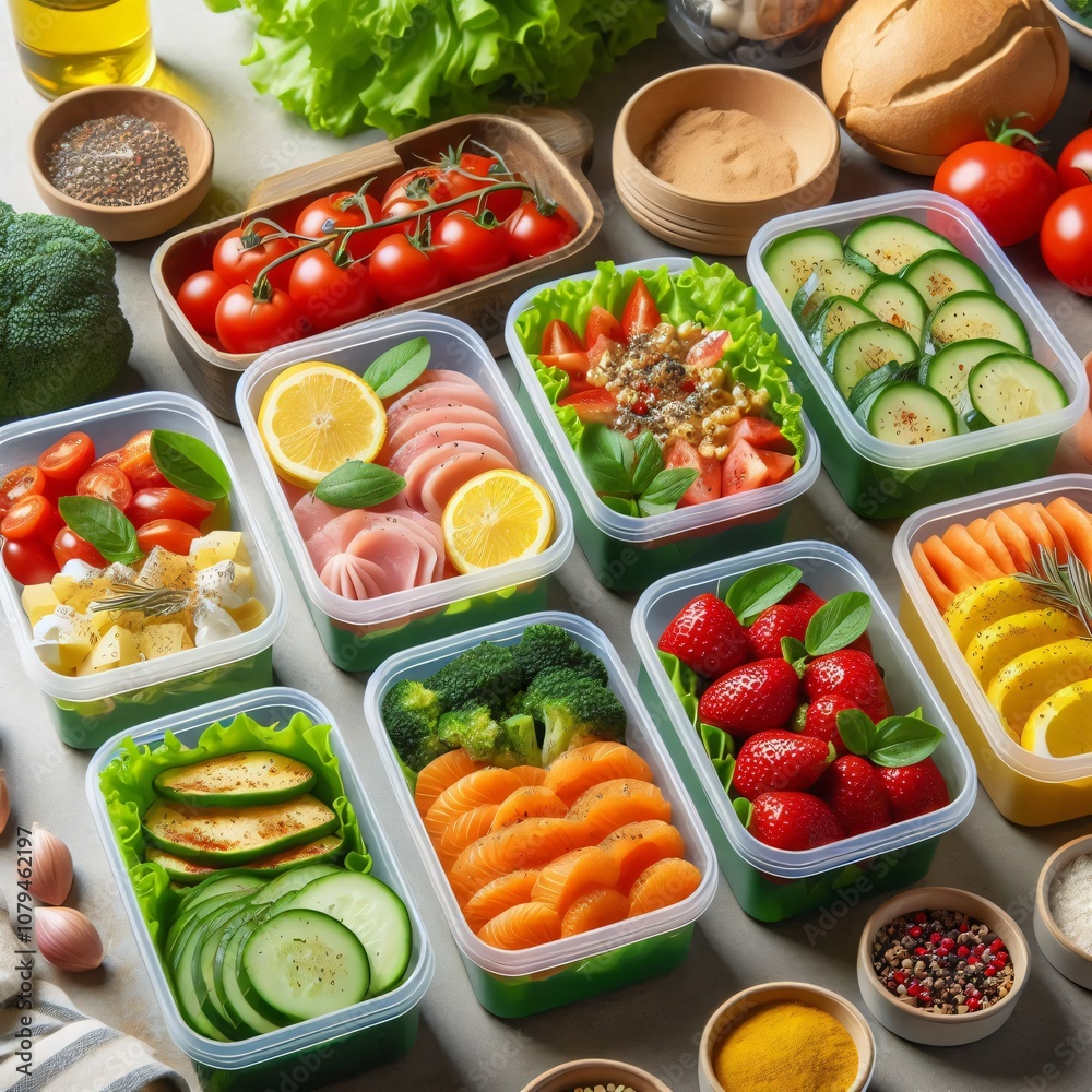 Healthy meal prep containers arranged on a kitchen counter Healthy meal prep containers arranged on a kitchen counter