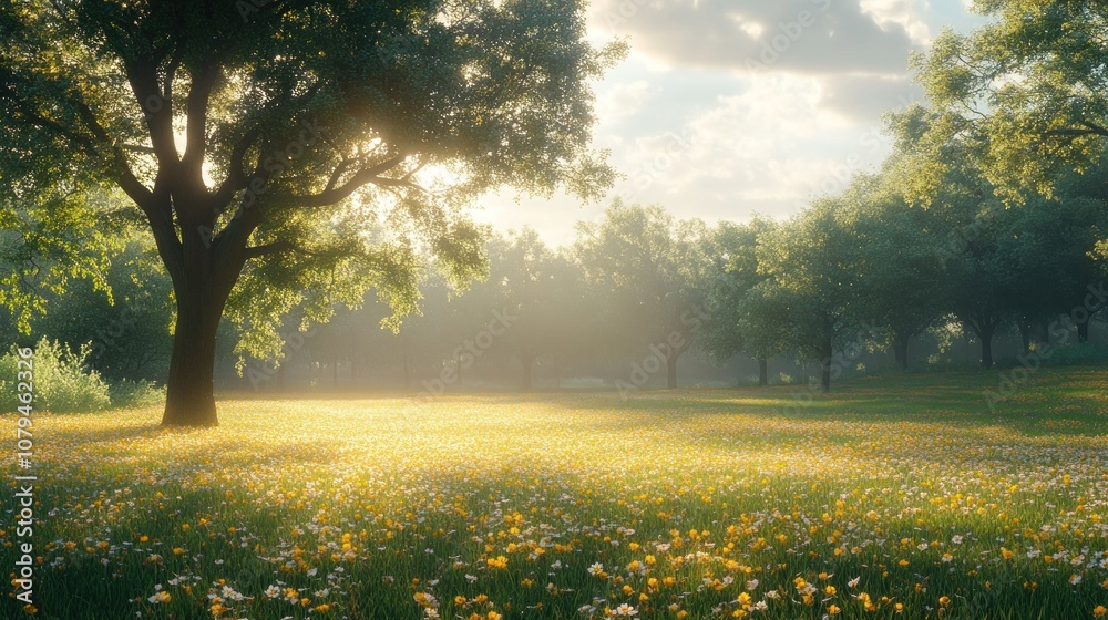 Serene landscape with trees and wildflowers under soft sunlight. Serene landscape with trees and wildflowers under soft sunlight.