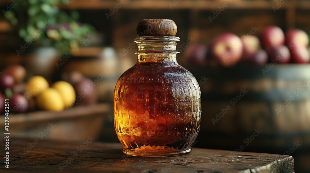 A glass bottle of syrup with a wooden cap, set against a rustic backdrop. A glass bottle of syrup with a wooden cap, set against a rustic backdrop.