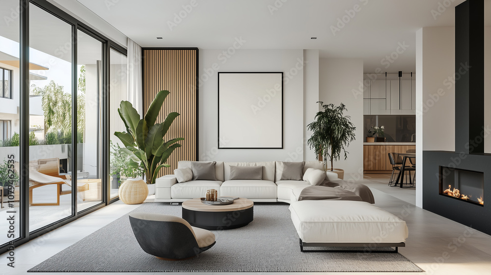 Fototapeta premium Poster und Bilderrahmen Mockup im modernen Wohnzimmer – fotorealistisches 3D-Rendering für Bildplatzierung 
