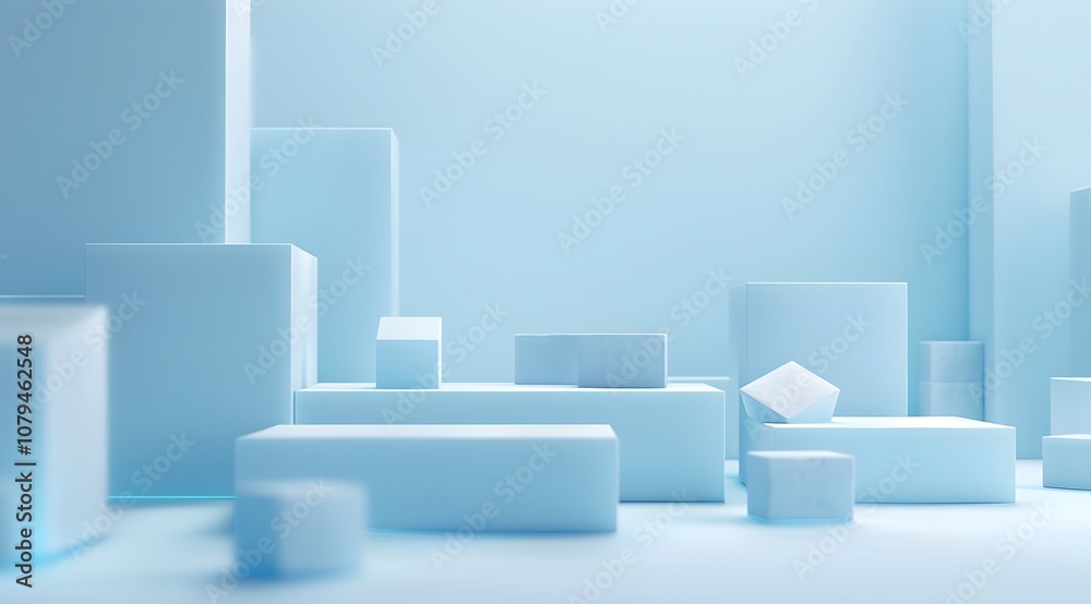 A serene arrangement of light blue geometric shapes and blocks in a minimalist setting. A serene arrangement of light blue geometric shapes and blocks in a minimalist setting.