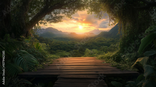 Urokliwa, drewniana platforma otoczona zielenią, z widokiem na g&oacute;ry i zachodzące słońce w tle. 