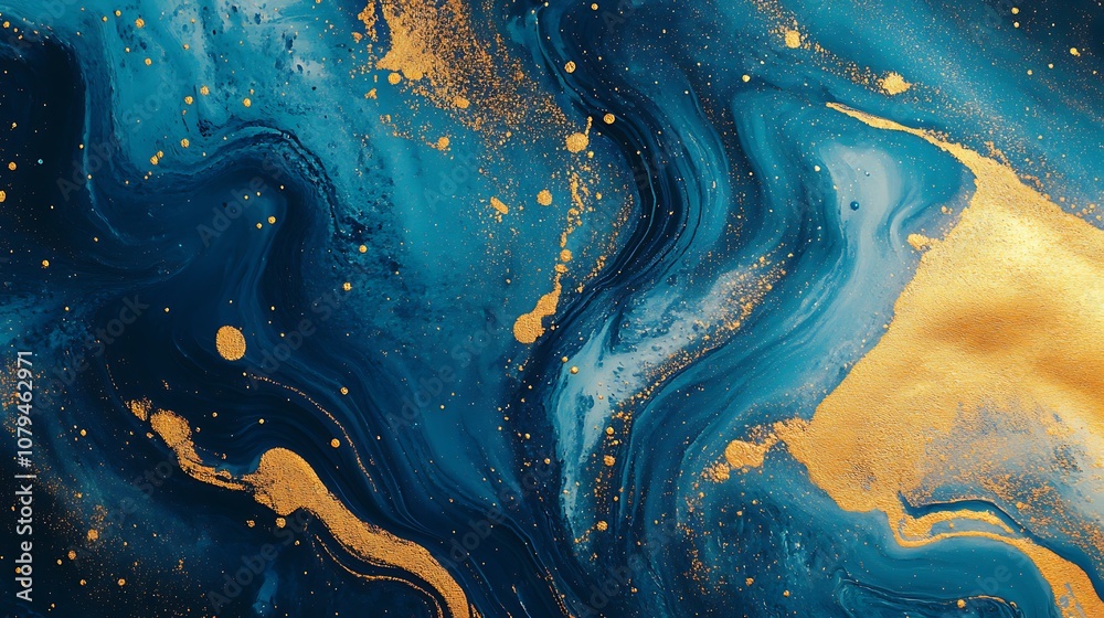 An abstract design featuring swirling blue and gold patterns, evoking a sense of fluidity and elegance.