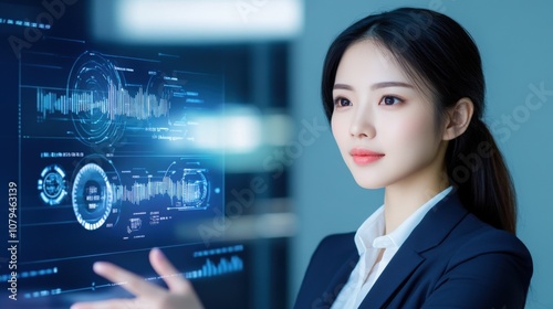 Asian Woman Engaging with Futuristic Digital Interface in High-Tech Office