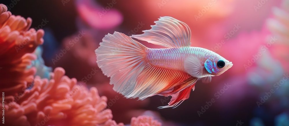 Guppy fish in mid-swim, iridescent scales and fan-like tail, against a soft-focus coral background in an aquarium setting Guppy fish in mid-swim, iridescent scales and fan-like tail, against a soft-focus coral background in an aquarium setting