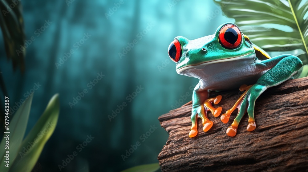 Brightly colored frog perched on a log in a lush, green rainforest setting during daylight hours Brightly colored frog perched on a log in a lush, green rainforest setting during daylight hours