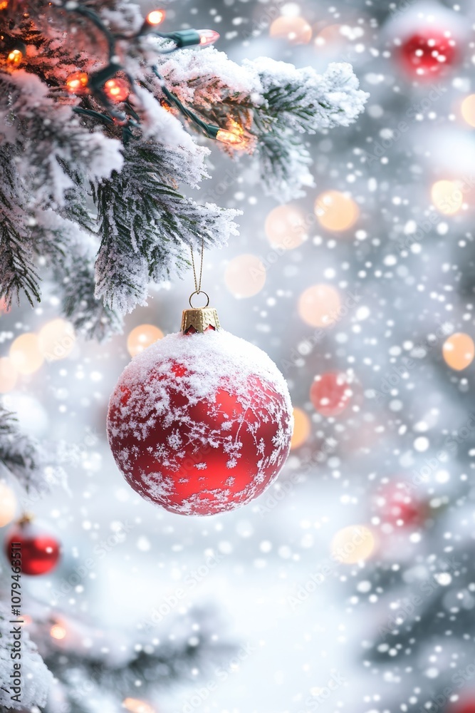 A shiny red ornament hanging from a lush Christmas tree, surrounded by twinkling lights and festive decorations. A shiny red ornament hanging from a lush Christmas tree, surrounded by twinkling lights and festive decorations.
