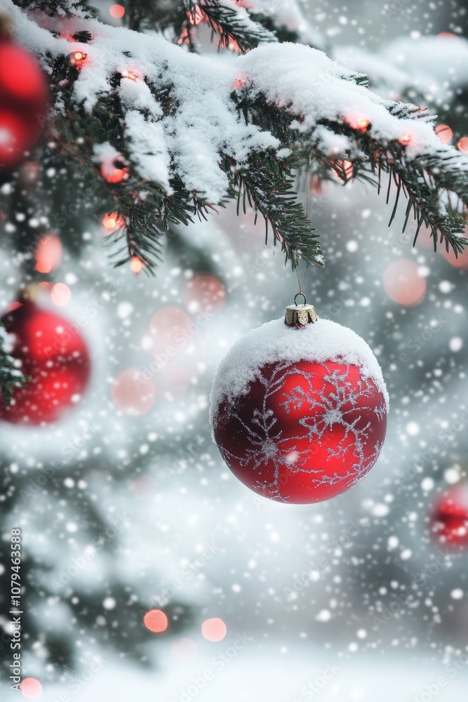 A vibrant red ornament hangs from a snow-covered tree branch, creating a festive and serene winter scene. A vibrant red ornament hangs from a snow-covered tree branch, creating a festive and serene winter scene.