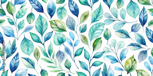 Watercolor Seamless Pattern of Blue and Green Leaves, nature , botanical