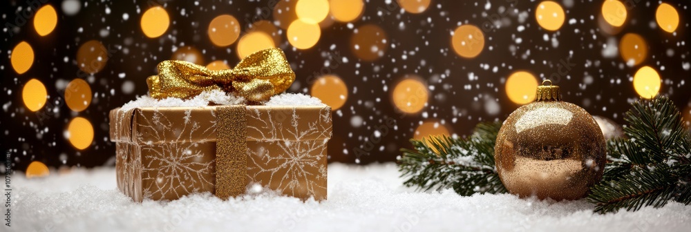 A festive gift box with a shimmering gold bow nestled in pristine snow, evoking holiday cheer and winter magic. A festive gift box with a shimmering gold bow nestled in pristine snow, evoking holiday cheer and winter magic.