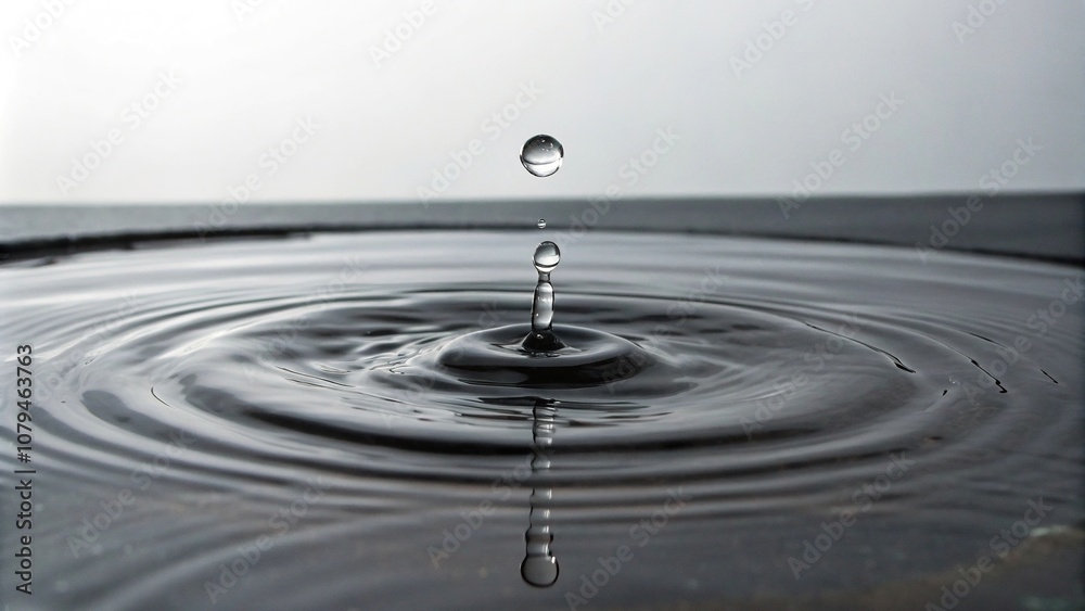 A single water droplet falls onto a dark gray surface, creating a small ripple, water droplet, tiny disturbance, gray background, falling drop, clear fluid A single water droplet falls onto a dark gray surface, creating a small ripple, water droplet, tiny disturbance, gray background, falling drop, clear fluid