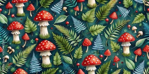 Watercolor Illustration of Red Mushrooms and Green Leaves, Seamless Pattern, Fantasy Forest, Nature, Woodland ,mushroom, nature