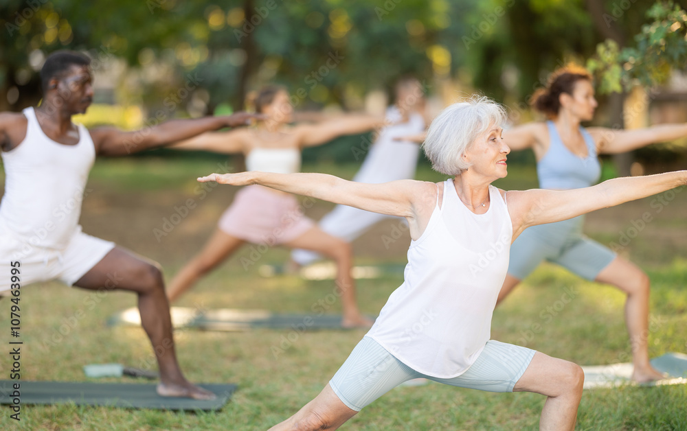 Naklejka premium Yoga mature female coach conduct rehearsal for multinational followers in park, leading of performing exercises, do fulfil warrior pose. People practice sport during yoga workout in nature