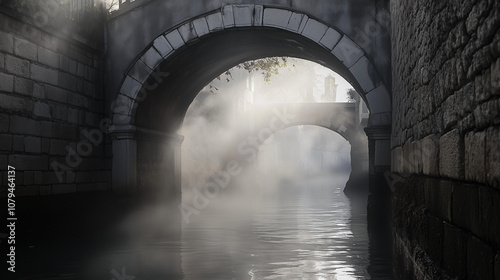 Kamienna brama nad kanałem, przez którą przenikają promienie słoneczne, otulona mgłą, która tworzy atmosferę spokoju i tajemnicy. photo