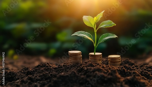 Wallpaper Mural Financial Growth Concept. Emerging Plant Growing from Increasing Stacks of Coins in Sunlight. Torontodigital.ca