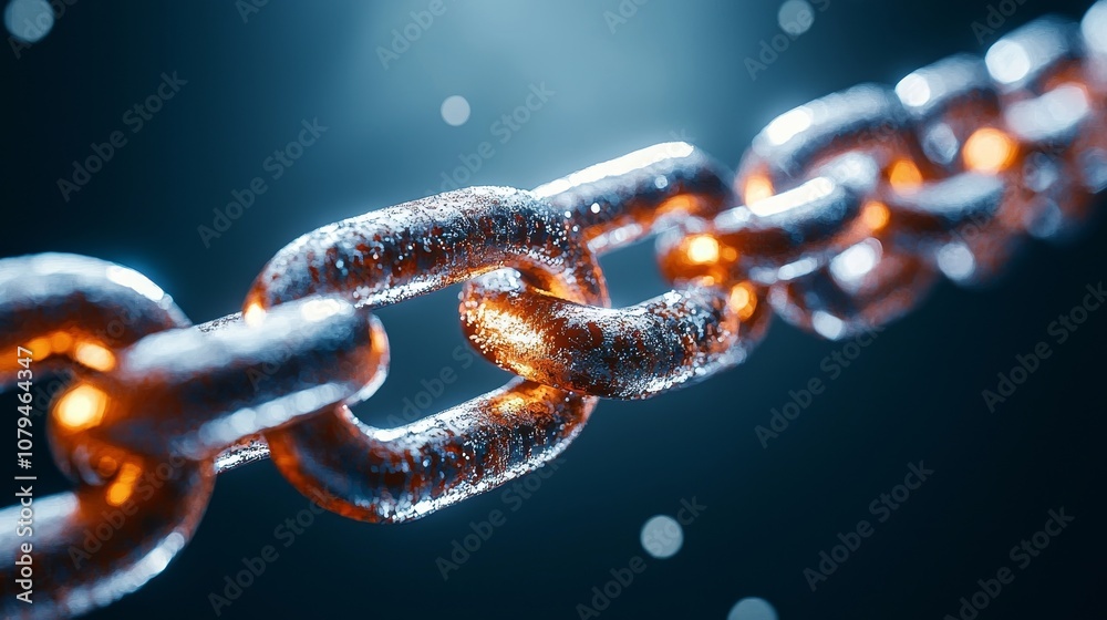 Close-up of rusted metal chains linked tightly, damp and glistening under faint light, textured with grime and moisture, cold autumnal atmosphere Close-up of rusted metal chains linked tightly, damp and glistening under faint light, textured with grime and moisture, cold autumnal atmosphere