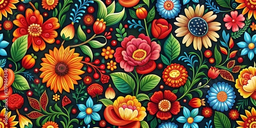 Vibrant Floral Pattern with Sunflowers and Tulips, Digital Art, Seamless, Floral Pattern, Folk Art