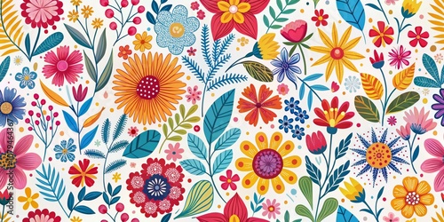 Vibrant Floral Pattern with Colorful Flowers and Green Leaves on White Background, seamless, illustration, botanical , floral pattern