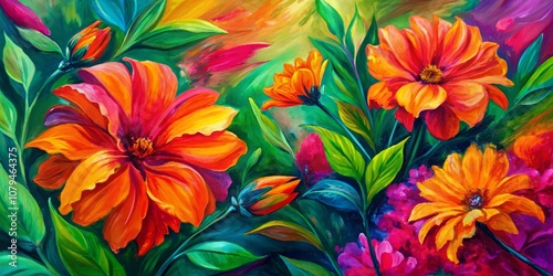 Vibrant Floral Oil Painting with Red, Orange, and Yellow Flowers, Nature, Abstract ,oil painting, floral art