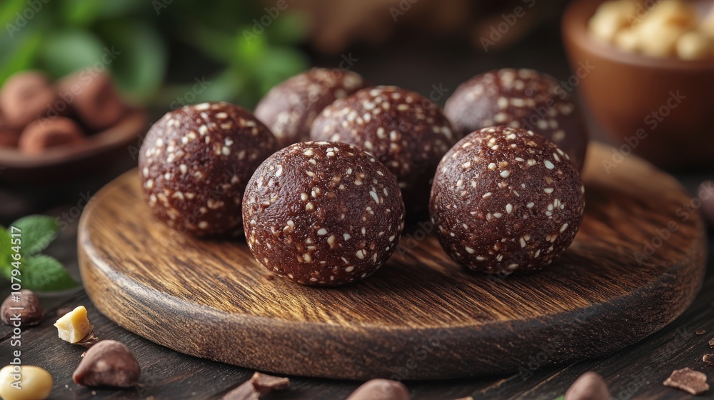Chocolate hazelnut energy balls on wooden board. Chocolate hazelnut energy balls on wooden board.