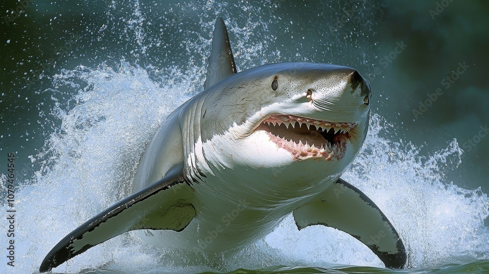 Obraz premium Great White Shark Breaching, Powerful Predator in Ocean Waves, Wildlife Action Photography