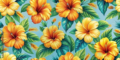 Tropical Hibiscus Floral Seamless Pattern, Watercolor, Summer, Hawaii