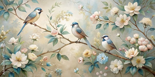 Three Blue Birds Perched on Blooming Branches, Watercolor, Floral, Bird, Nature , watercolor, flower