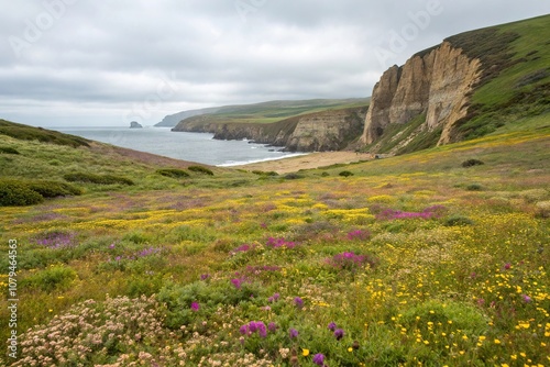 A sprawling meadow of wildflowers nestled between two towering coastal cliffs, flowers, sea spray photo