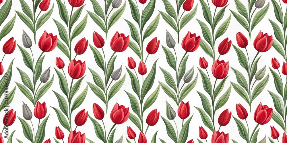 Seamless Pattern of Red Tulips and Green Leaves on White Background, floral pattern, flower wallpaper, tulip, flower Seamless Pattern of Red Tulips and Green Leaves on White Background, floral pattern, flower wallpaper, tulip, flower