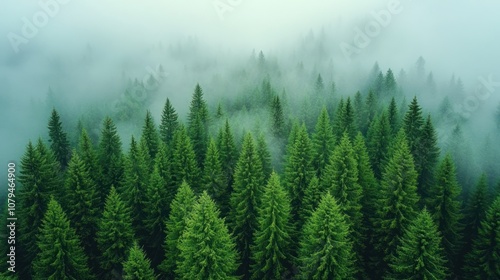 Aerial view of a misty forest with tall evergreen trees.