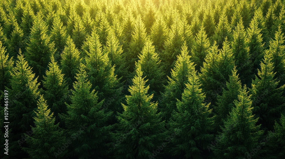 Aerial view of a lush evergreen forest with sun shining through the trees.