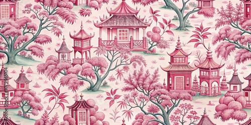 Wallpaper Mural Pink and Green Watercolor Pagoda Pattern, Chinese Garden, Landscape Design, Pagoda, Garden Torontodigital.ca