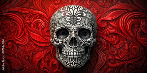 Ornate Skull Against Red Swirling Background, Digital Art, Skull, Red ,Art