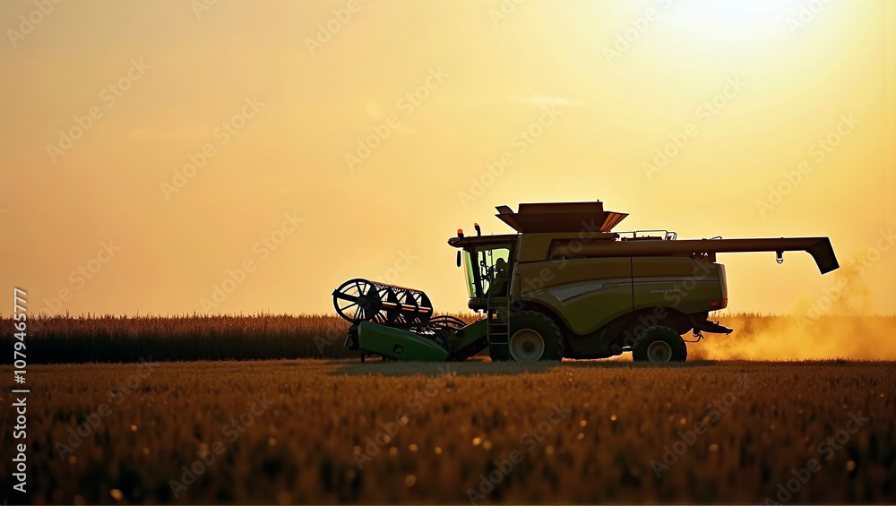 Fototapeta premium A combine harvester mows a wheat field in late summer and brings the harvest for further processing