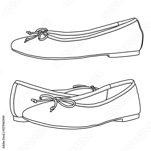 Women's Pepper Ballet Flat with Bow Shoes Line art, Technical sketch hand drawing outline vector doodle illustration side and rear view isolated on white background