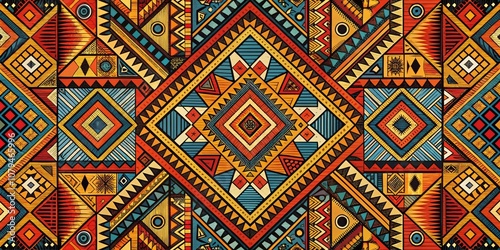 Geometric Tribal Pattern with Red, Yellow, and Blue Colors, Indigenous Art, Geometric Design, Tribal