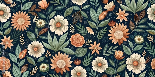 Floral Pattern with Green Leaves, White and Orange Flowers on Dark Blue Background, pattern, floral