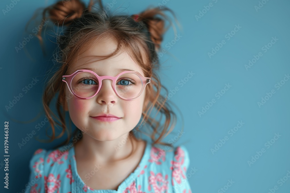Cute Little Girl with Visual Impairment and Down's Syndrome Wearing Pink Glasses Smiling in a Retro Patterned Dress Against Blue Background