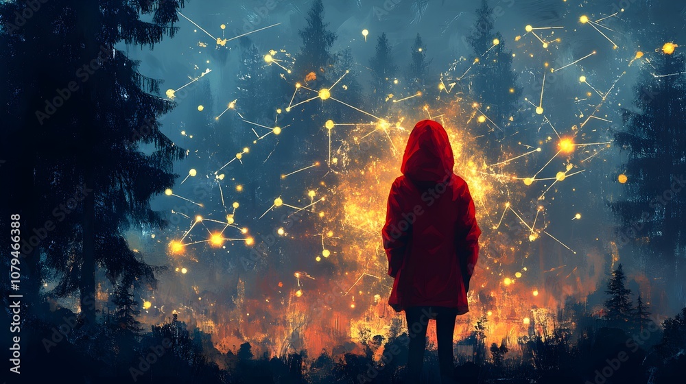 Woman in a red jacket, surrounded by glowing brainwaves, synaptic patterns flowing into the air, outdoor forest scene at dusk, futuristic, high-contrast colors, digital painting Woman in a red jacket, surrounded by glowing brainwaves, synaptic patterns flowing into the air, outdoor forest scene at dusk, futuristic, high-contrast colors, digital painting